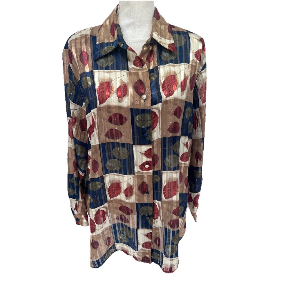 Yves St. Clair Vintage Women's Blouse Size 16W Button Up Leaf Print Career